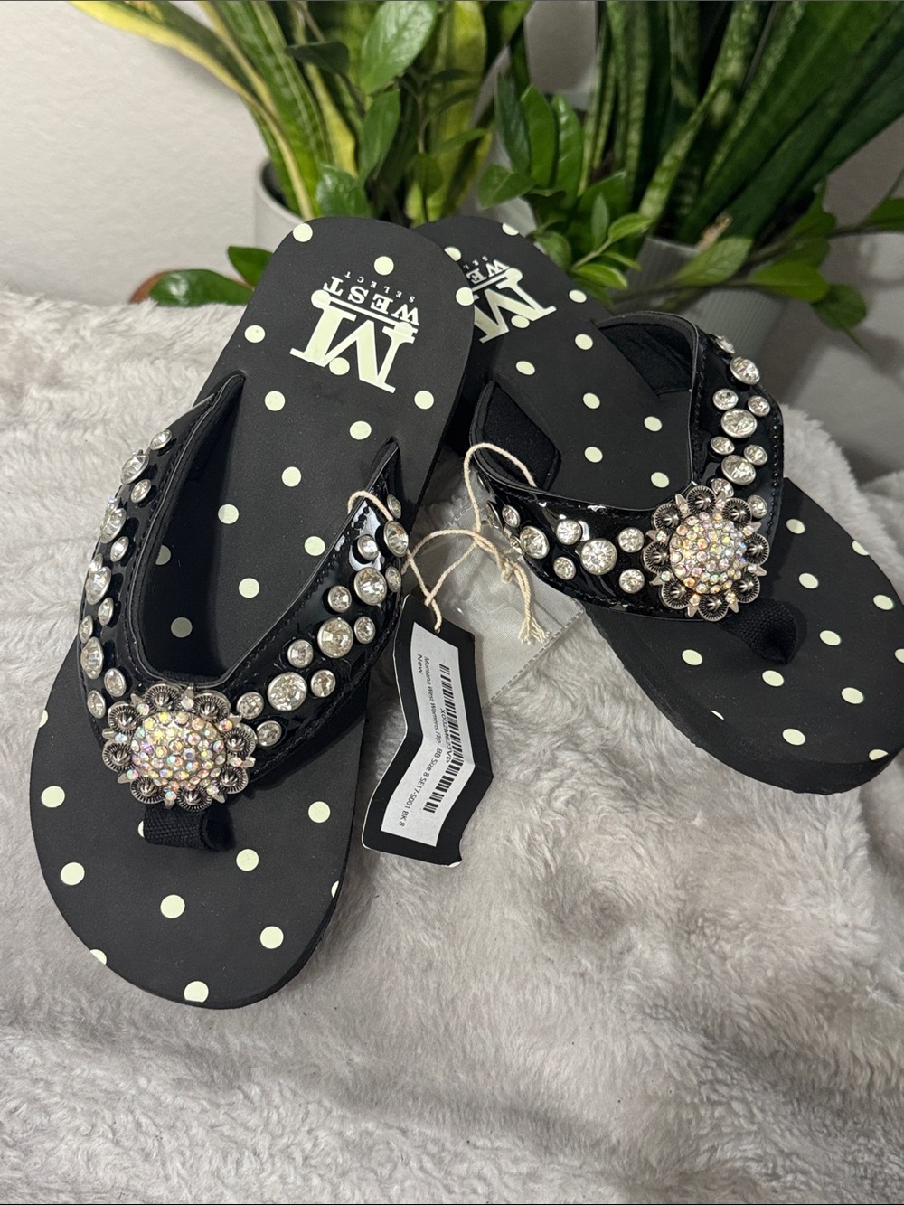 Kids Black Polka Dot Rhinestone Flip Flops